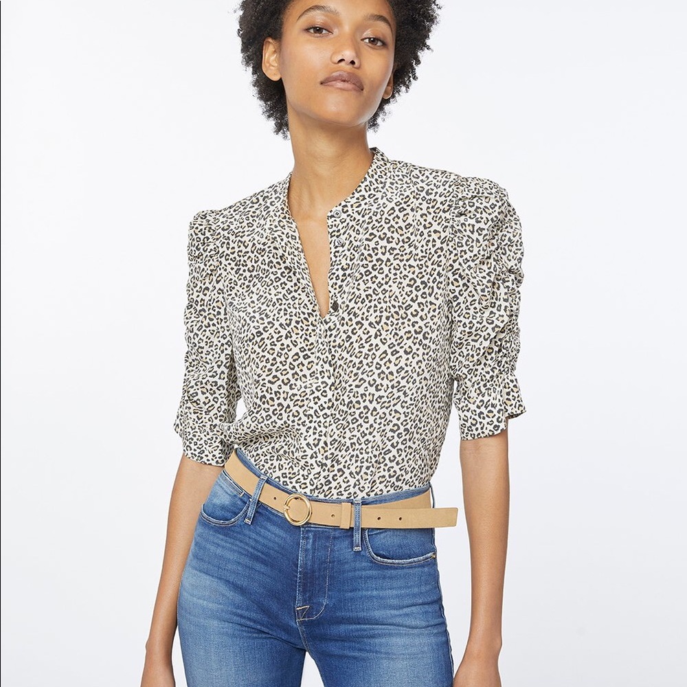 Frame Puff Sleeve Leopard Print Silk Blouse